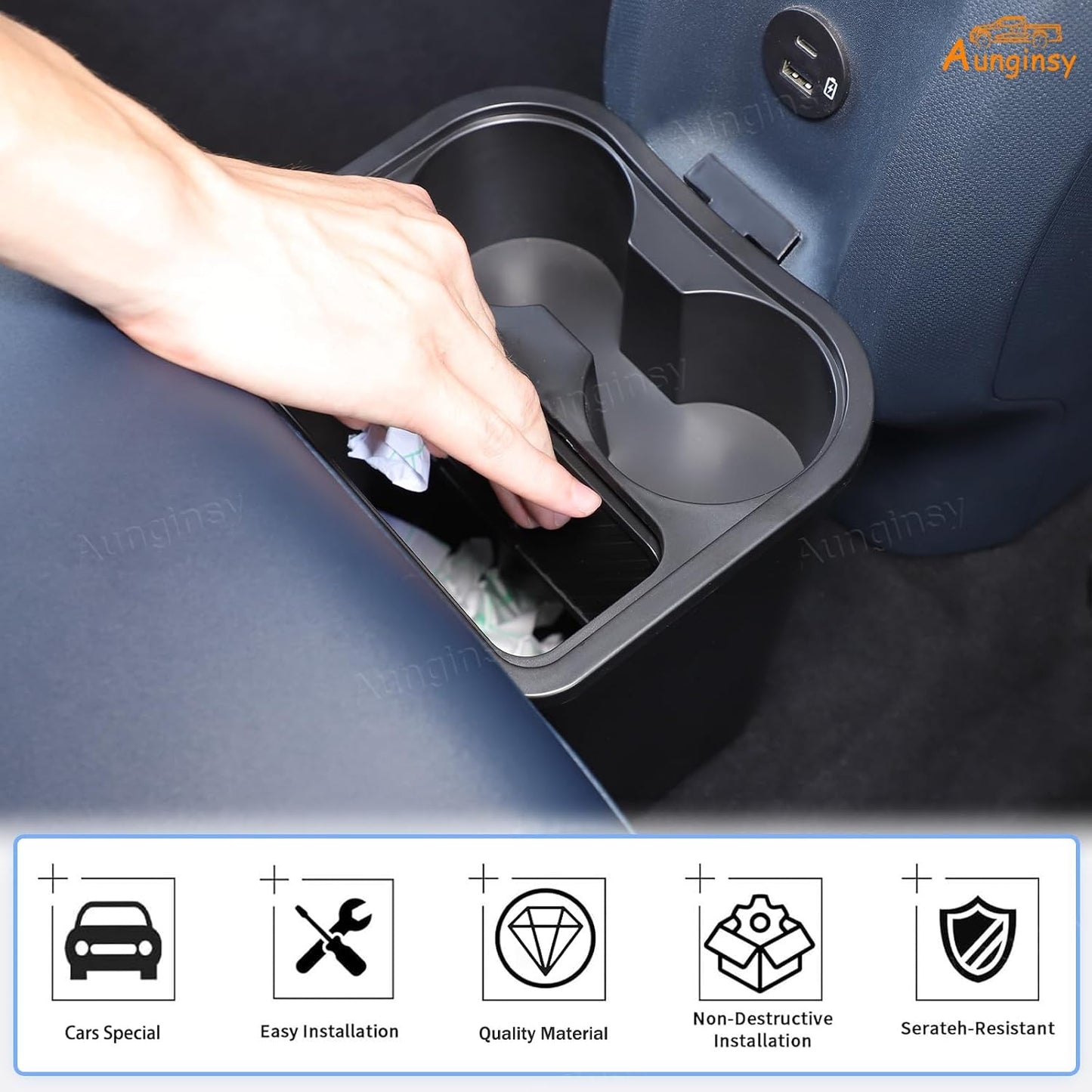 Aunginsy Rear Seat Trash Can Compatible with Ford Maverick 2022-2026, Multi-Function Trash Can with Cup Holder Trash Bin Extra Rear Storage Box Insert Organizer Tray Removable FITS Slot Accessories