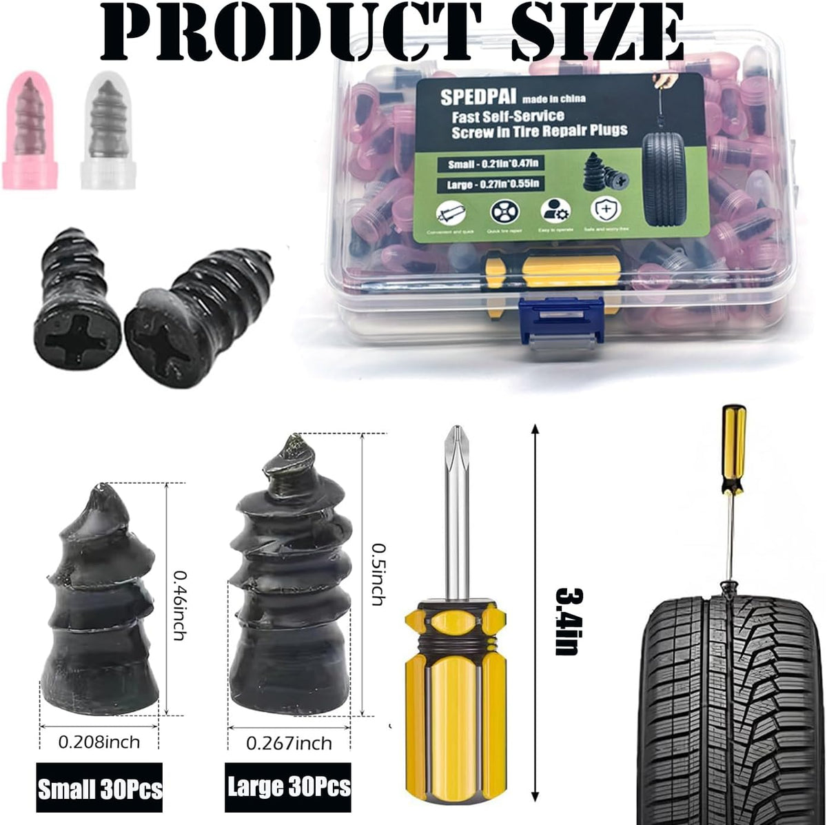 Tire Repair Rubber Nails Kit with 2 Sizes,2026 New Vacuum Screw Type Tire Plug Fast Tool with Screwdriver,Self-Service Screw in Tire Plugs Repair Tools for Car,Motorcycle,Truck,Bikes (60Pcs)