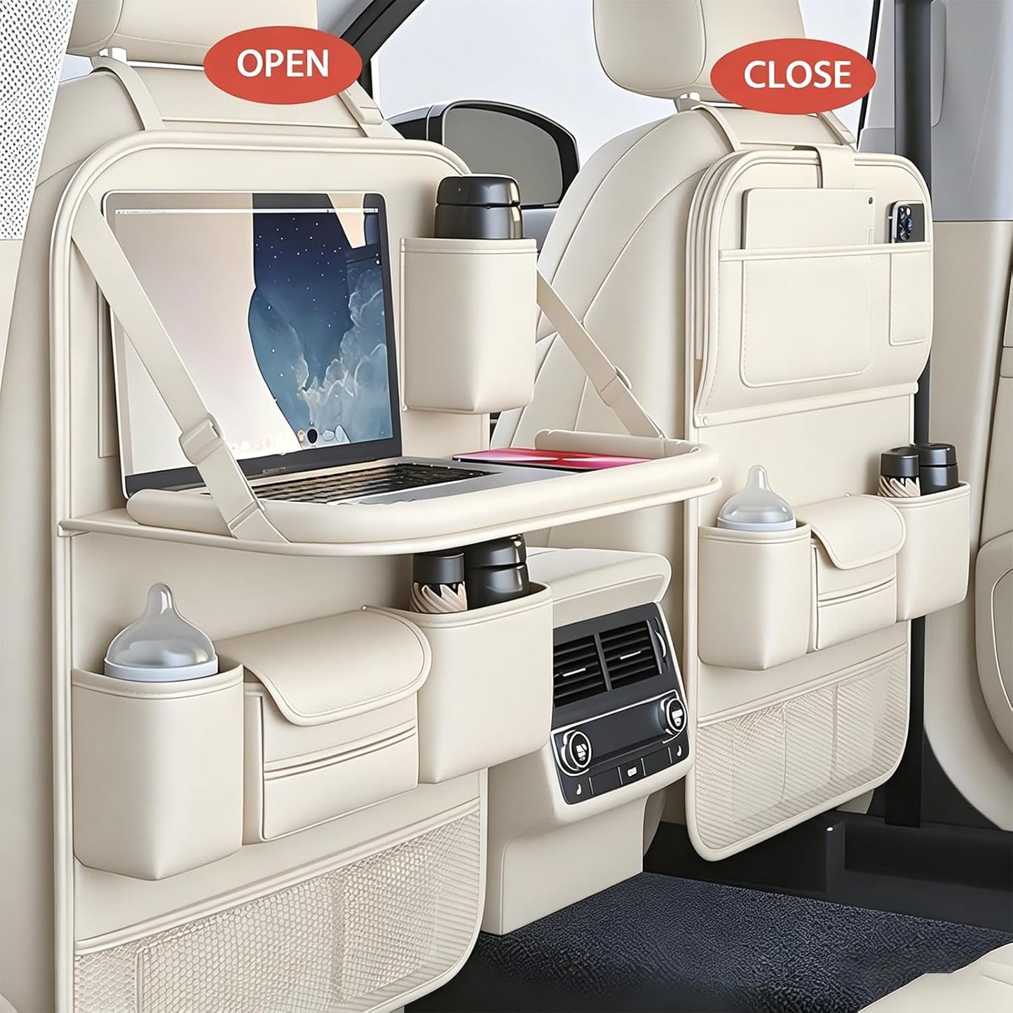 2 Pack Universal Foldable Car Backseat Organizer with Table Tray, Car Seat Back Protector with Touch Screen Phone Holder, Premium Leather Kick Mats with Storage Pockets Tissue Holder (Beige)