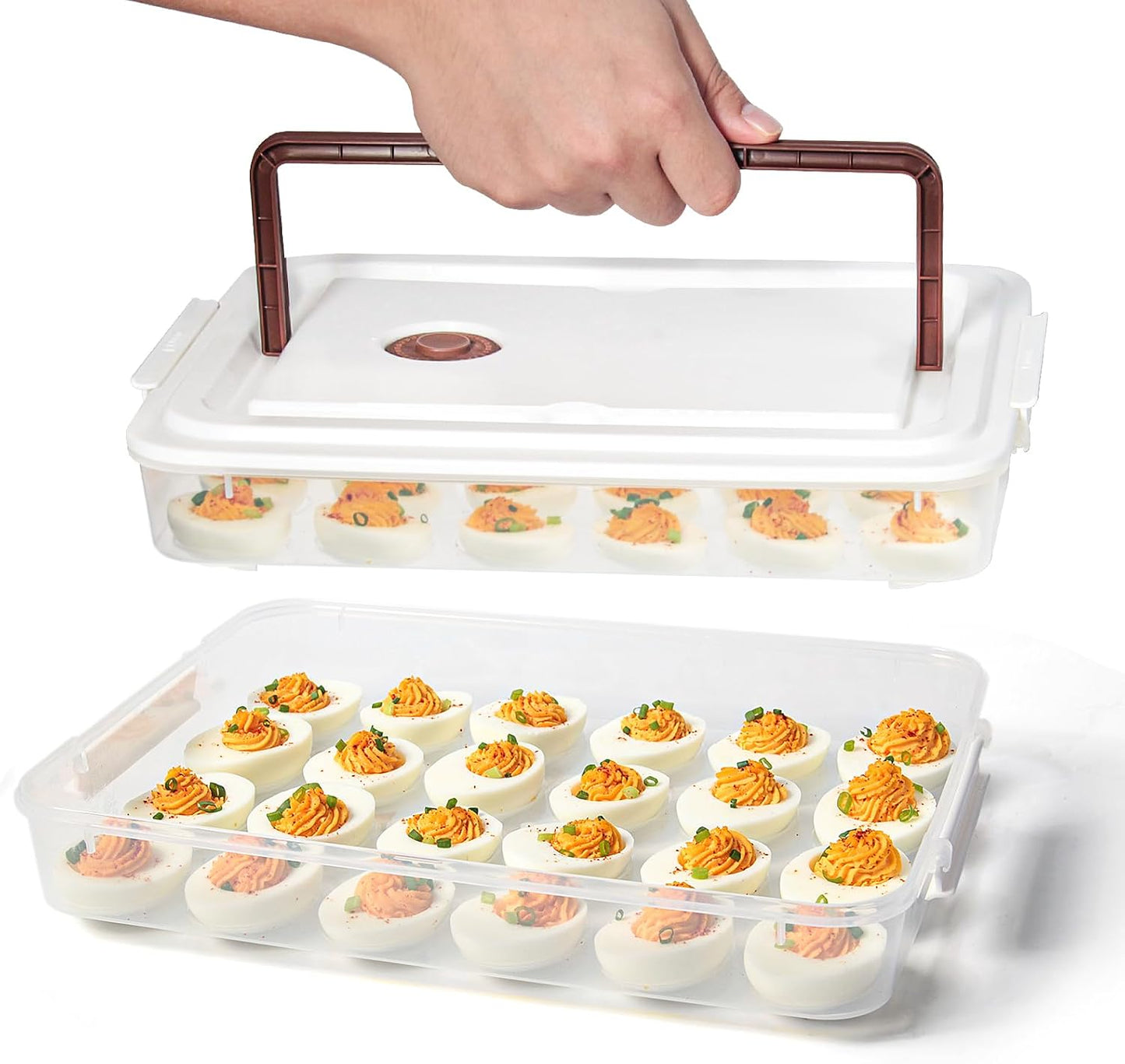 Deviled Egg Containers with Lid, (Set of 2), Plastic Tray Carrier with Handle, Holds Up to 48, Clear Storage Platter for Devil Egg, Portable Fridge Stackable Platter Holder