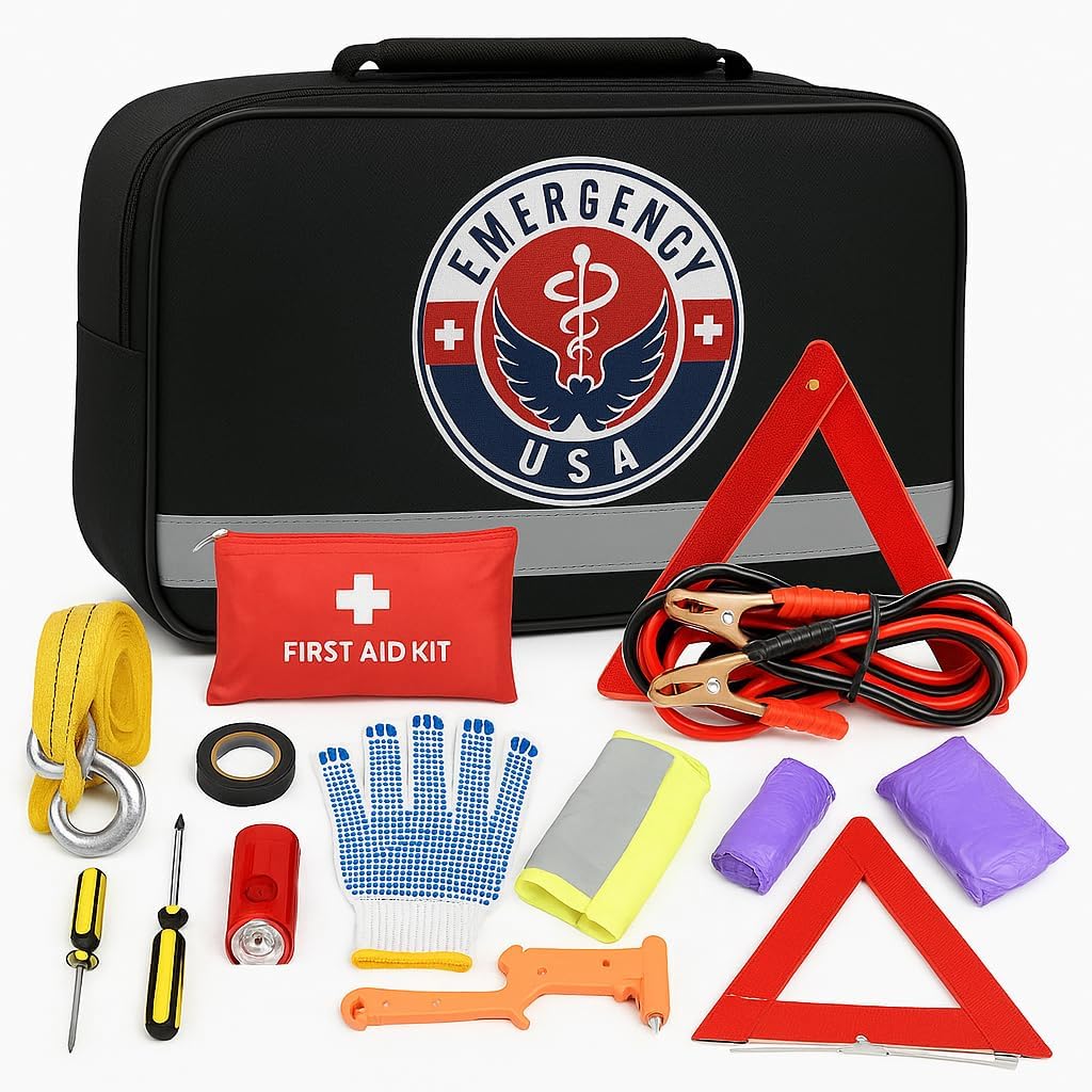 Roadside Car Emergency Kit - First Aid Set, Jumper Cables, Tow Strap, LED Flash Light, Rain Coat, Tire Pressure Gauge, Safety Vest and More (Black)