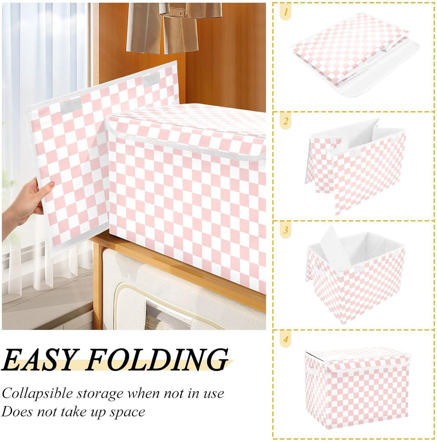 CaTaKu Large Fabric Storage Bins With Lids,Pink Checkered Racing Storage Boxes With Handles for Organizing Clothes, Collapsible Storage Cube Bins Baskets for Shelves