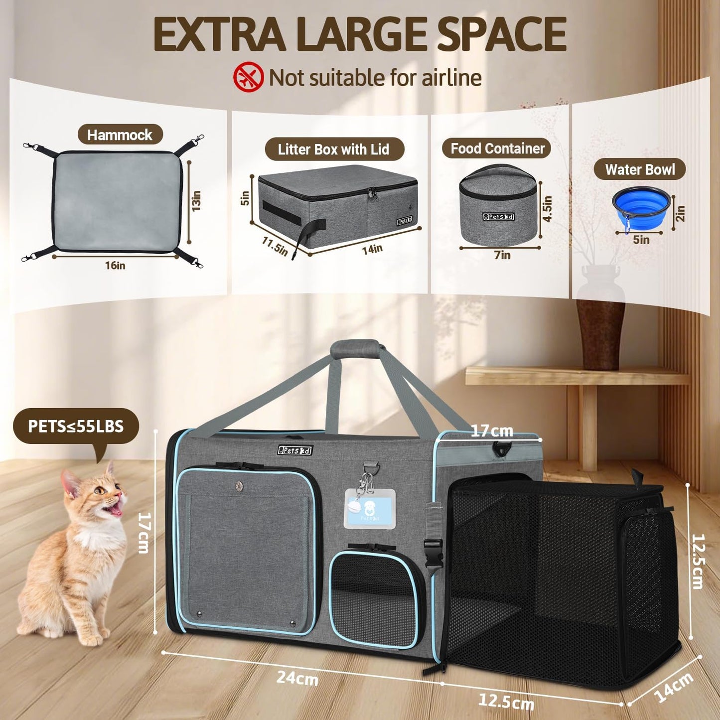 Petskd Side Expandable Extra Large Cat Car Carrier with Collapsible Litter Box for Long Distance Travel,24"x17"x17" Portable Soft Sided Pet Carrier with Roller Shades for 2 Cats Up to 55LBS(Grey)