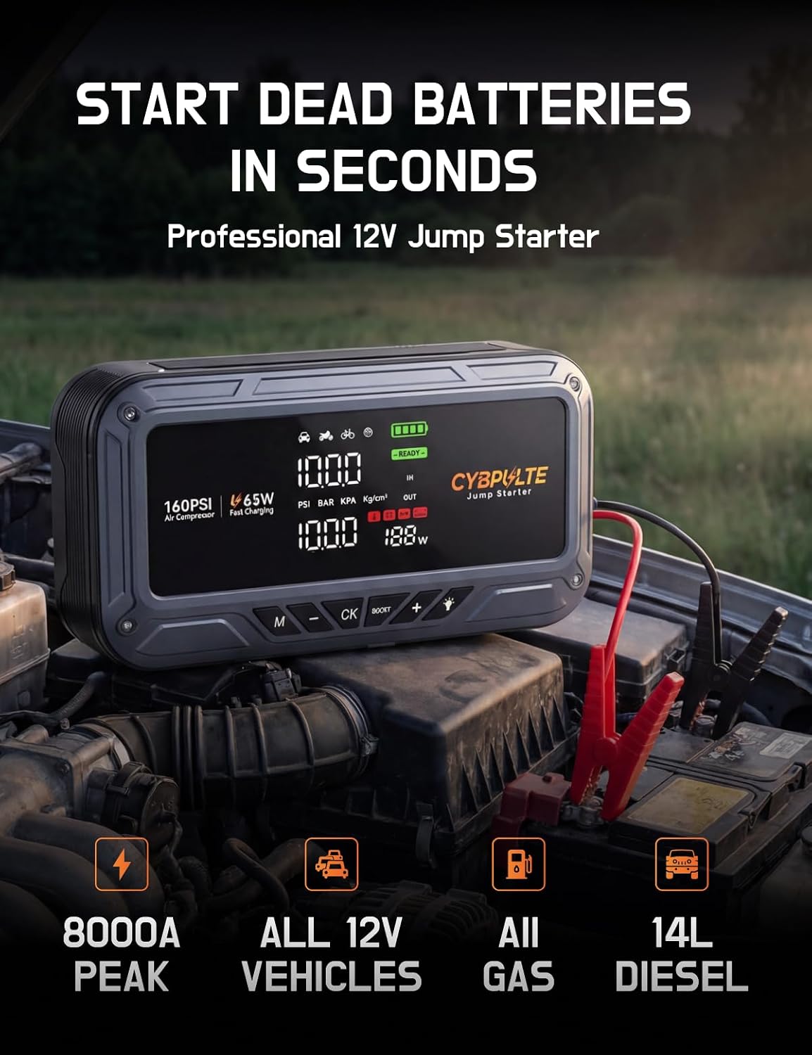 Jump Starter with Air Compressor 8000A 160 PSI,65W USB-C