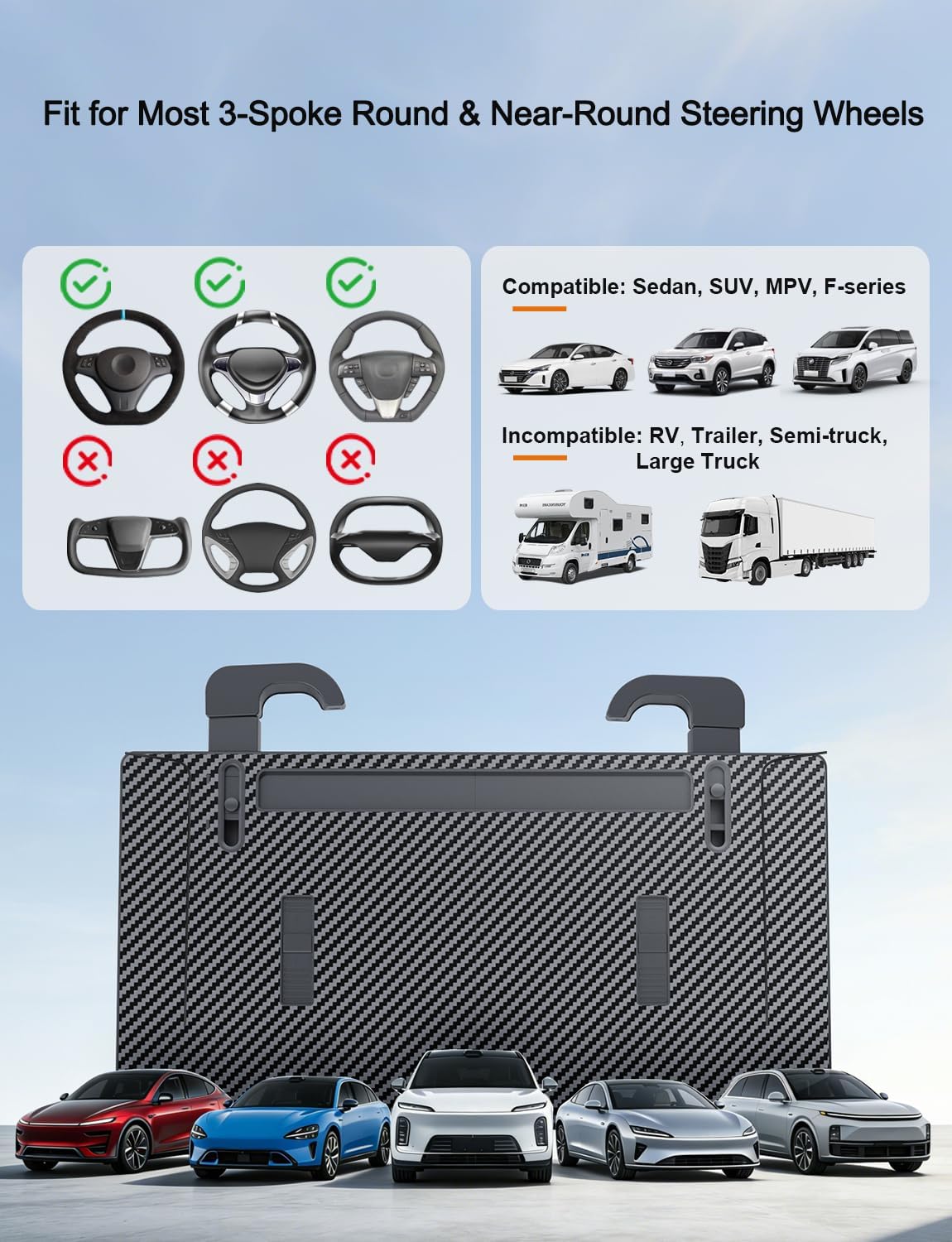 2-in-1 Car Steering Wheel Desk & Table Tray, Seat Gap Filler Organizer - Detachable Two-Piece Slide-Together Laptop & Eating Tray, Adjustable Supports & Hooks, Fits Most 3-Spoke Round Wheels