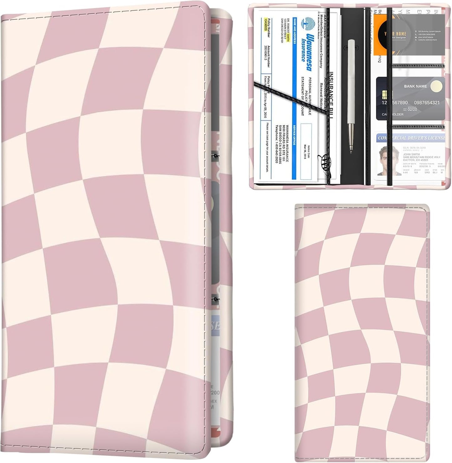 Car Registration and Insurance Holder with Magnetic Shut, Cute Vehicle Glove Box Car Organizer, Premium Interior Car Accessories for Women Men Pink Cute Checkerboard