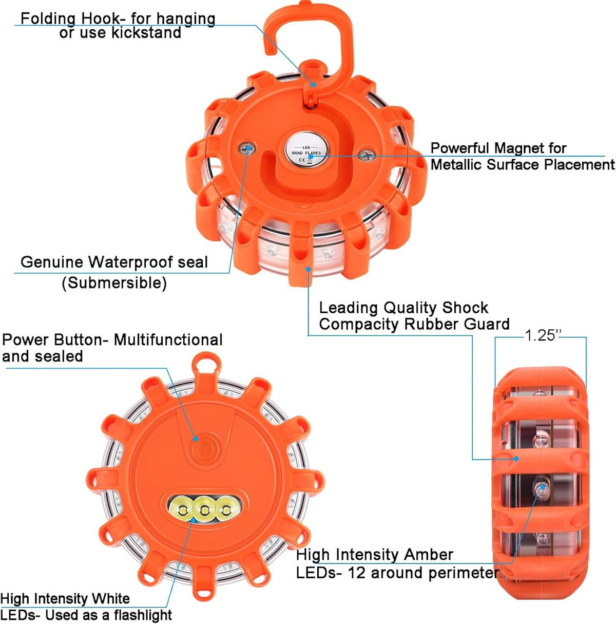 4 Pack LED Road Flares Emergency Lights, 9 Glow Modes Roadside Emergency Warning Car Safety Beacon Flashing Disc Flare Kit with Magnetic Base & Hook for Vehicles,Cars,Truck,Boat(NO Battery Included)