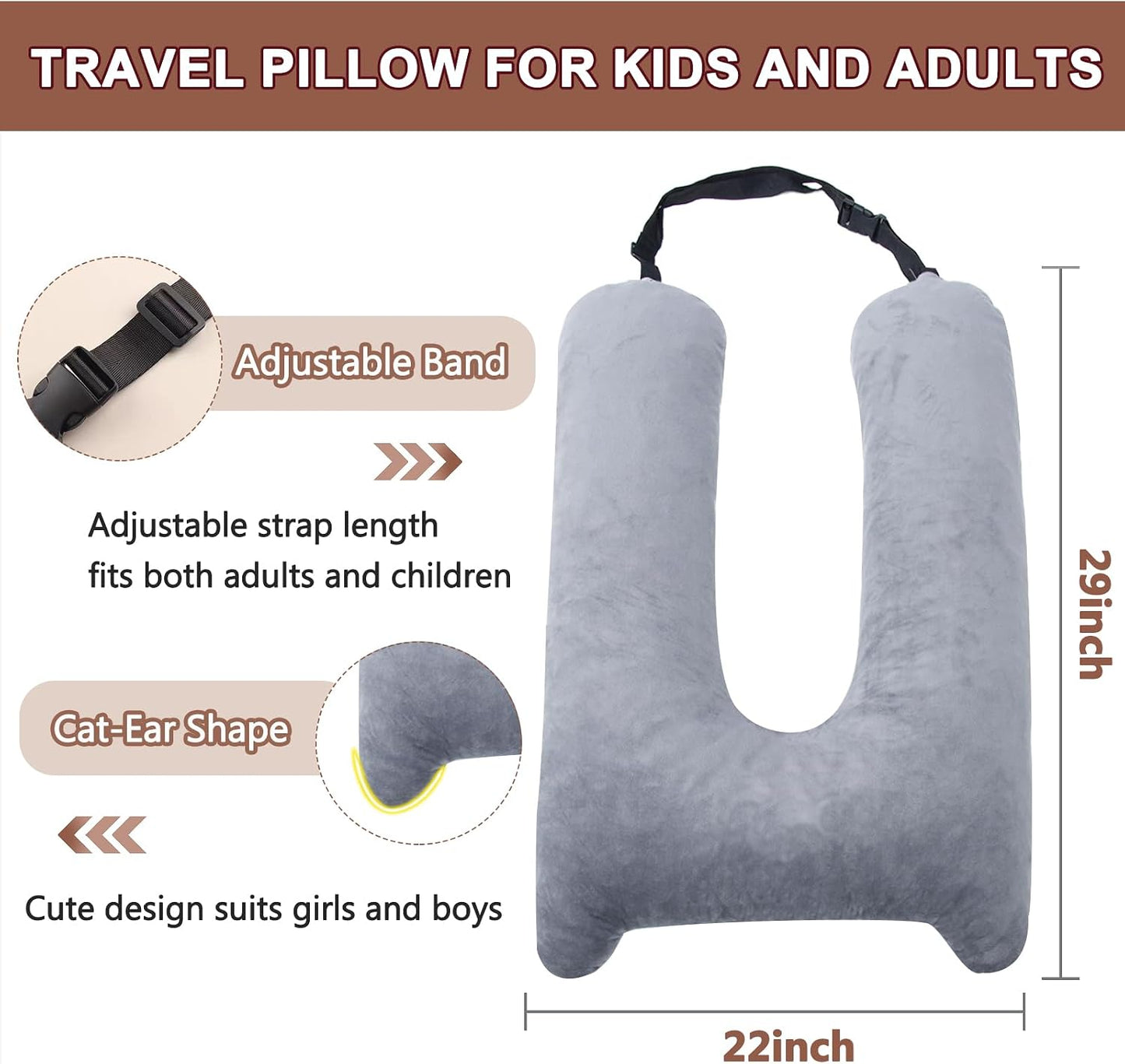 1 MIDDLE ONE Car Pillow for Kids, Memory Foam Travel Pillow for Car and Adults, Kid Travel Pillow for Sleeping on Road Trip, Small Body Pillow for Kids (Grey)