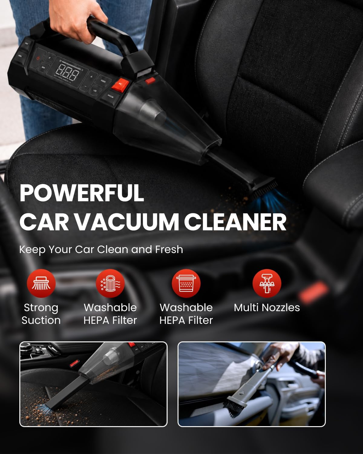 Tire Inflator Portable Air Compressor, Jump Starter, Car Vacuum Cleaner & LED Work Light, 4-IN-1 Multi-Function Design Cordless Tire Inflator with Digital Display for Cars