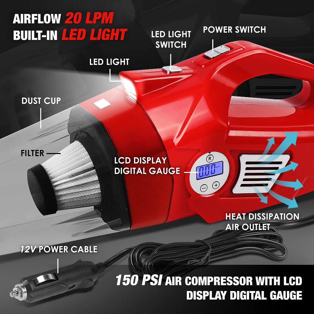 DNA MOTORING TOOLS-00182 Portable Handheld High Power Mini Corded 2 in 1 Vacuum Cleaner, Air Compressor w/Digital Tire Pressure Gauge & LED Light, Car Cleaning Kit,Red