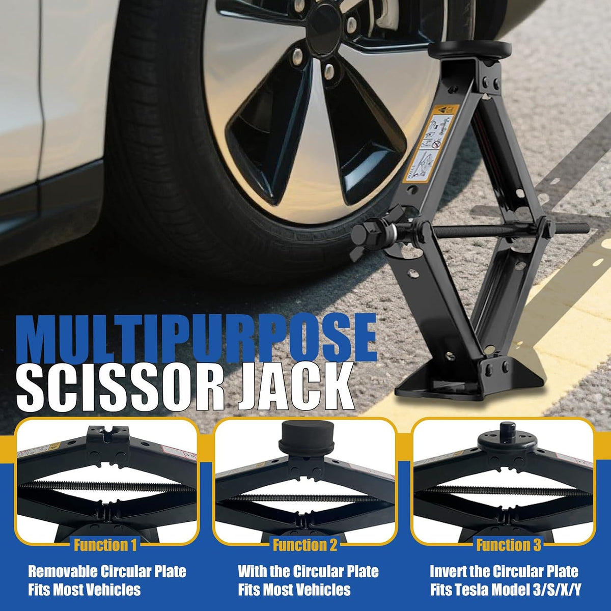 Car Jack Kit 3 Ton/6614 lbs Multipurpose Universal Scissor Jack for Car with Rubber Jack Pad, Portable Spare Tire Changing Kit for Sedan SUV MPV Tesla