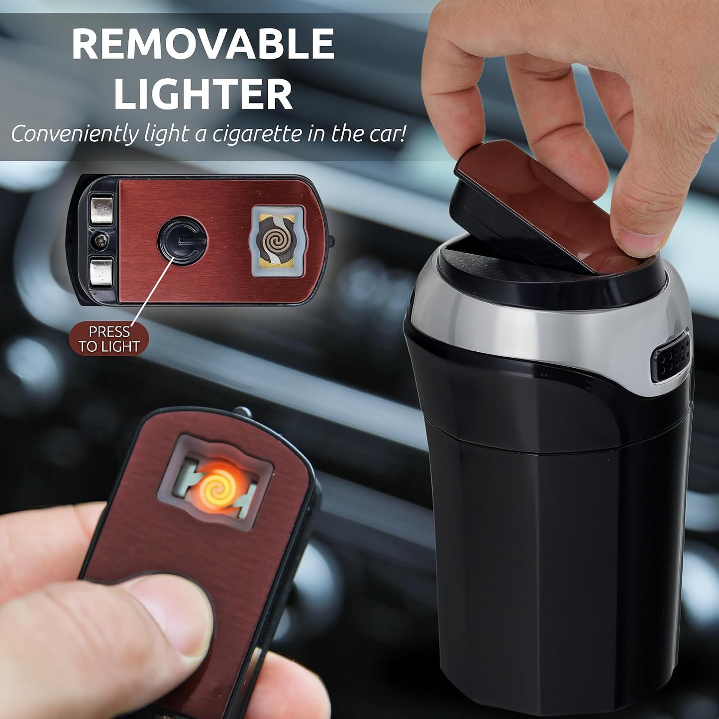 TAKAVU Car Ashtray, Detachable Stainless Lid, Blue LED & Lighter (Silver) | Easy Clean-Up Detachable Ashtray, Fits Most Vehicle Cup Holders, Removable Lighter & Illuminated Lid