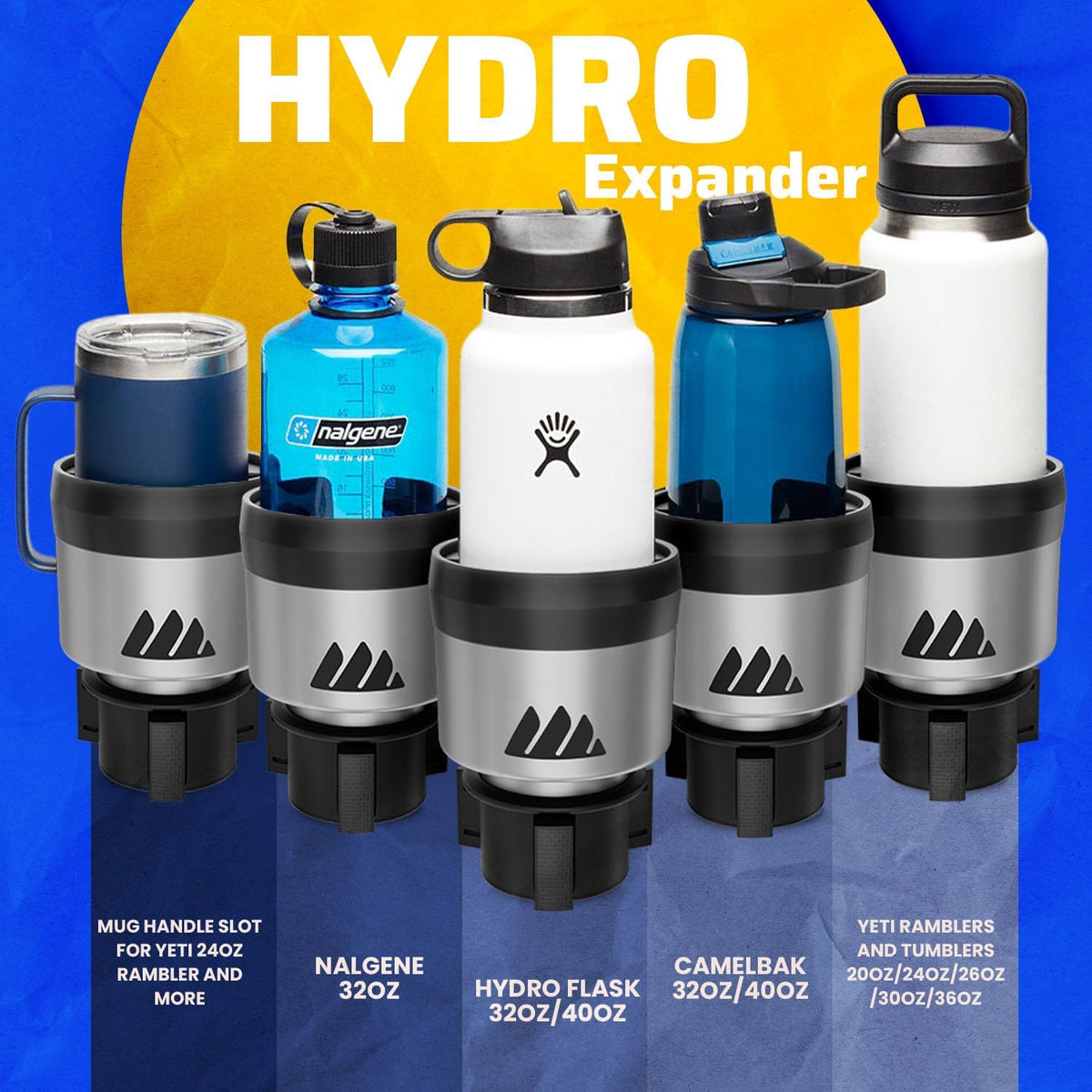 Integral Silver Hydro Expander Car Cup Holder Expander Organizer with Adjustable Base - Rubber Tabs Hold Most 32-40 oz Bottles and Large Cups