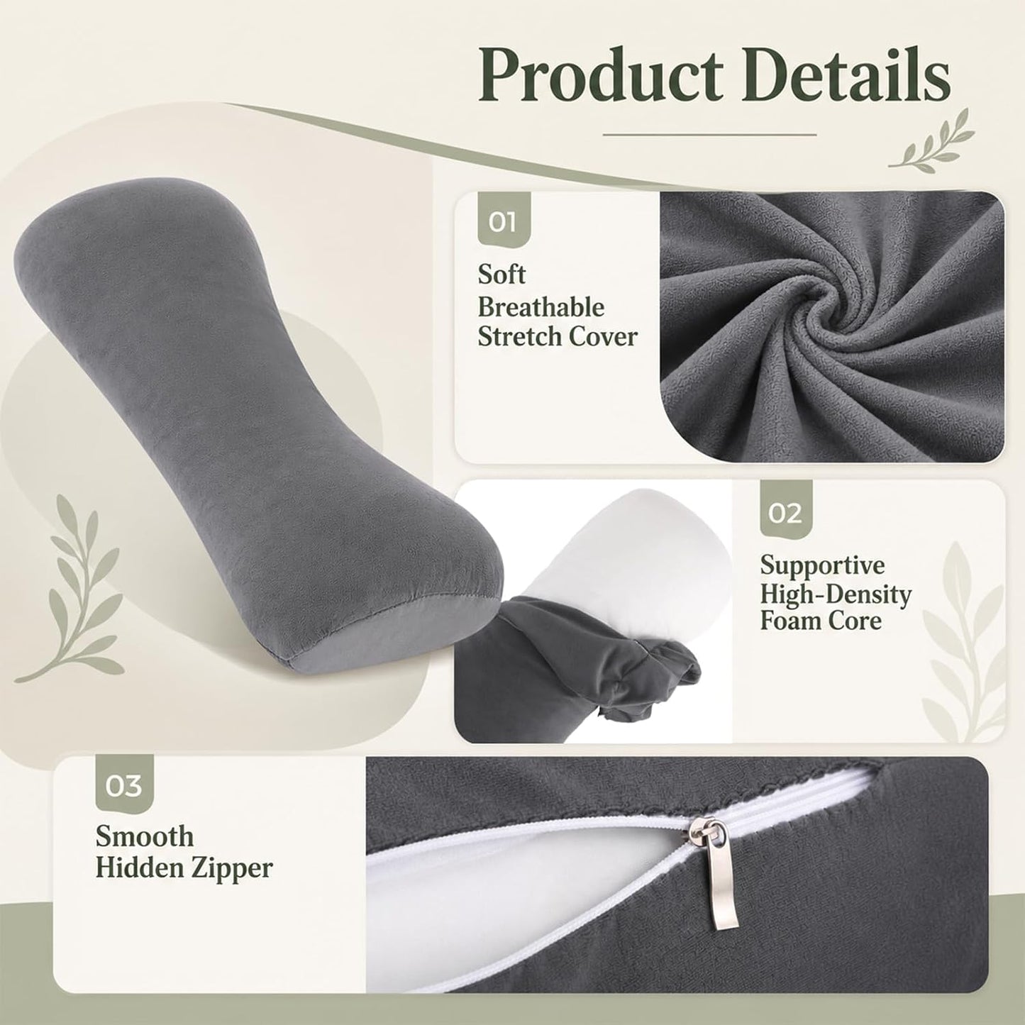 Lumbar Support Pillow for Bed, 19.7x7.9x3.9 in Ergonomic Sleep Cushion | Wraparound lower back support for side sleepers. Use in bed, office chair, or car seat. Multi-positional design for comfort