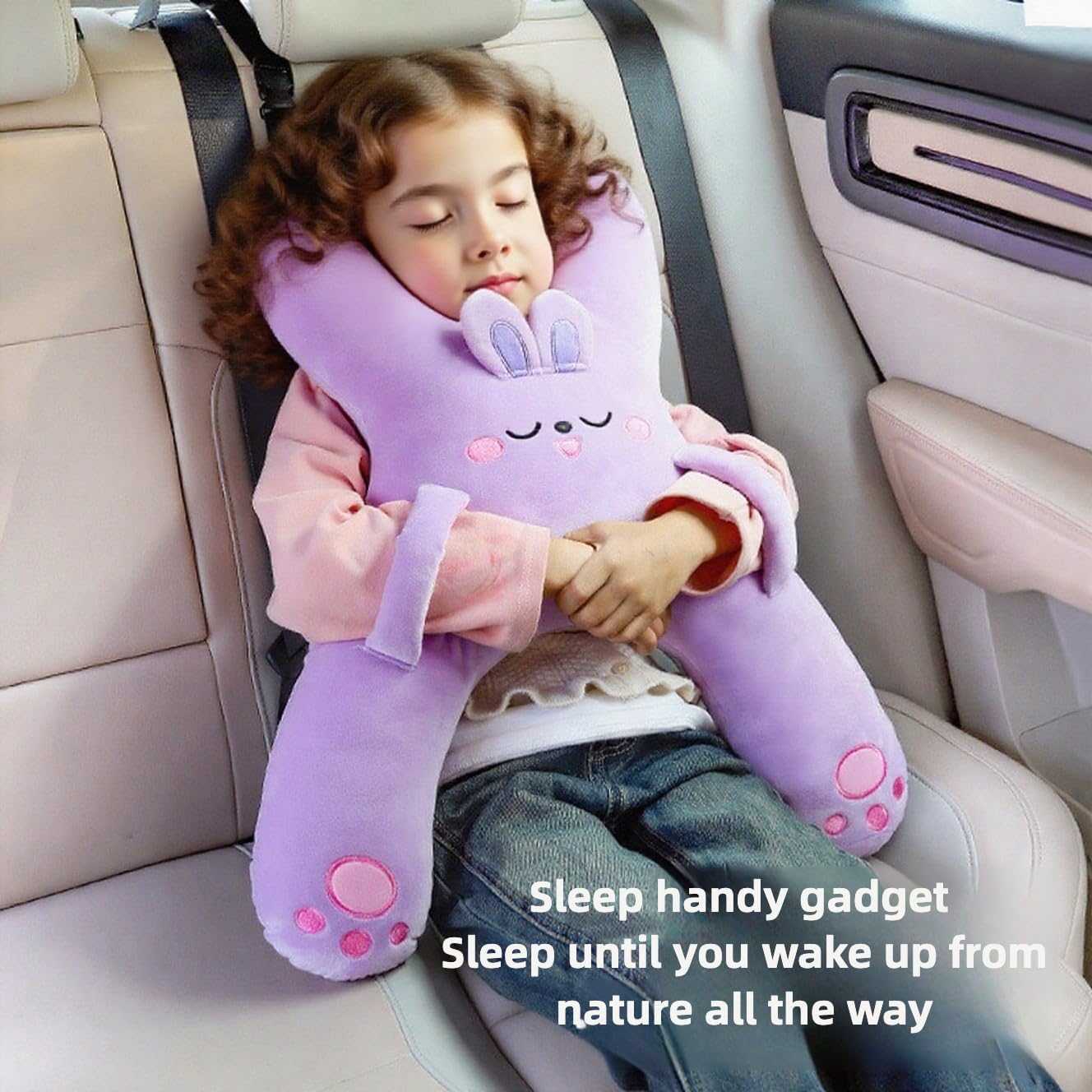 Car Pillow for Travel – Animal-Themed Car Seat Cushion with Safety Belt Protector – 4 Cute Styles: Pig, Dog, Rabbit, Panda (Rabbit)