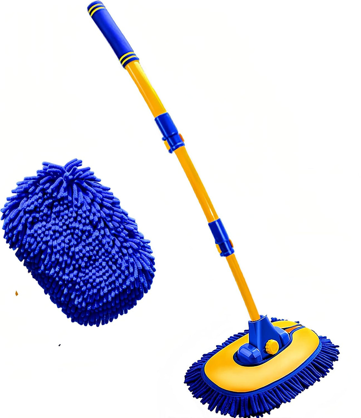Mveqrrn15°Curved Chenille Car Wash Brush, Extendable Long Handle Mop-Yellow