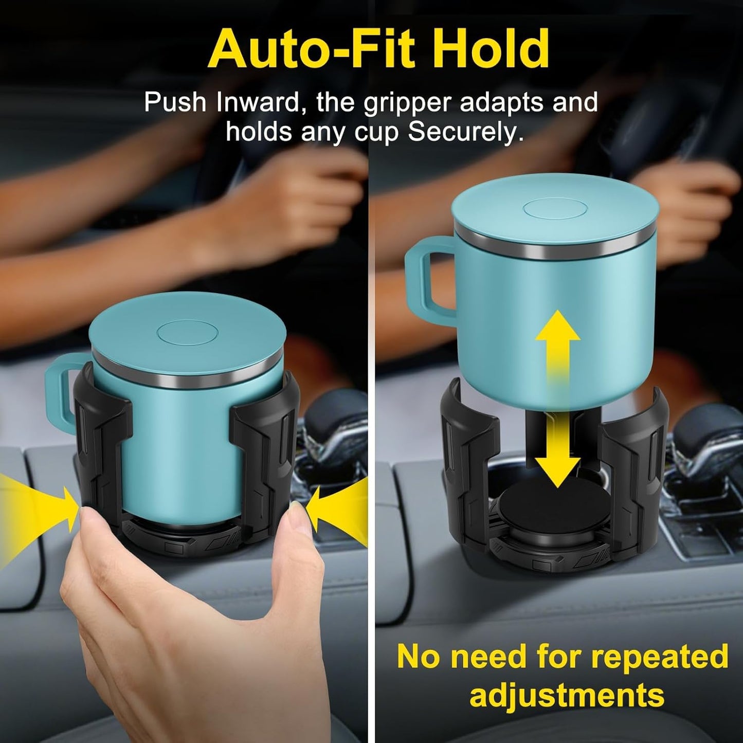 Cup Holder Expander (Adjustable Holder & Base, Auto-Fit Hold, One Button Open), Car Cup Holder Expander for Yeti, Hydro Flask, Nalgene, Owala, Bottles in 2.6"- 4.8" (Black, 1 Pack)