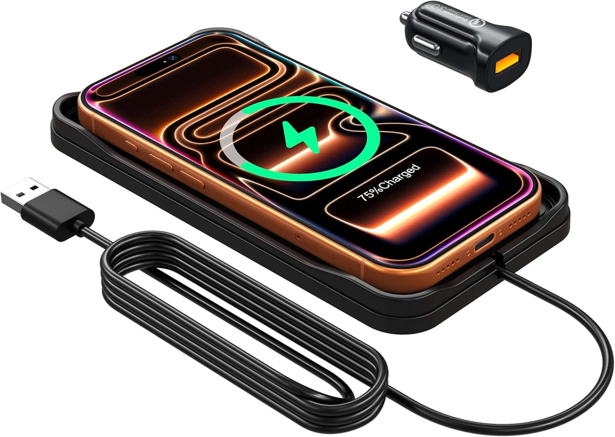 Wireless Car Charger Pad for iPhone 17/16/15/14/13/12 Pro & Samsung, Non Slip Wireless Charging Pad for Car Dashboard Console, USB A Phone Charger for Vehicle Commute Travel, Fits Small Phones