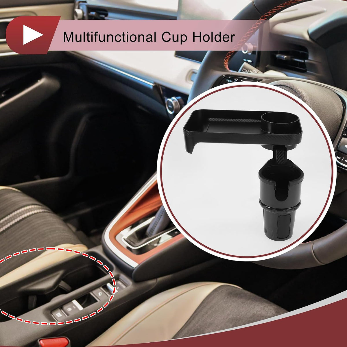 1 Pcs for Most Vehicles Car Cup Holder Expander with Attachable Tray 360° Rotating Additional Cup Holder Extender 138x74x60mm Matte Black ABS