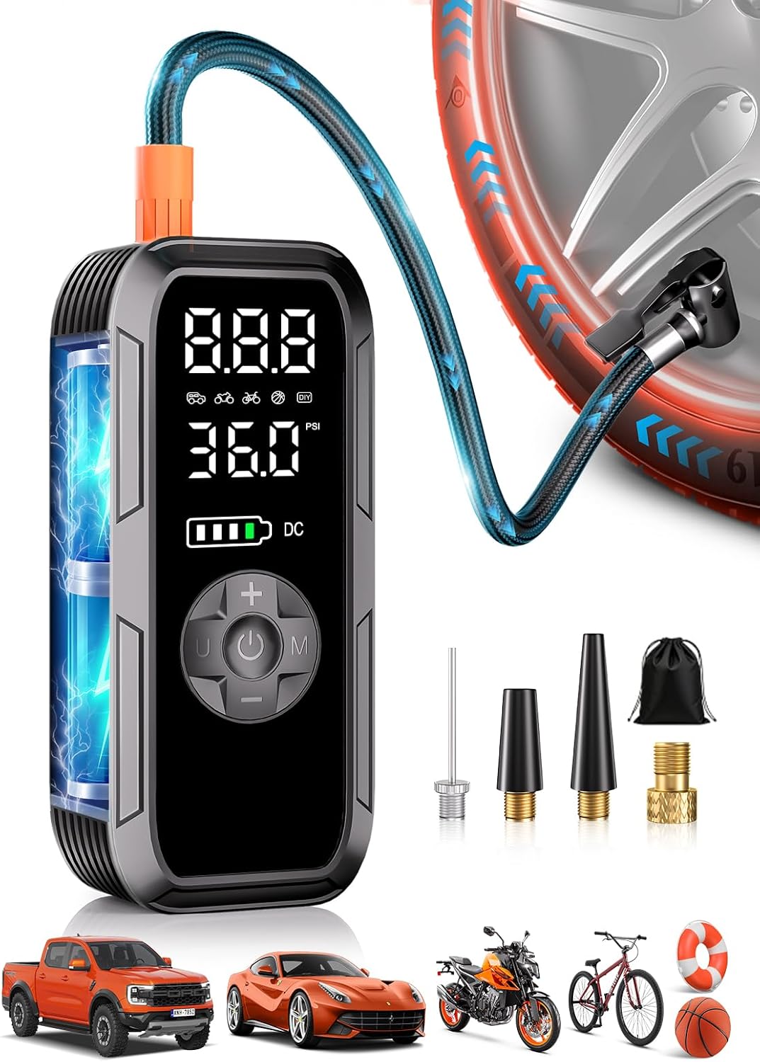 Y51 Tire Inflator Portable Air Compressor, 150 PSI Cordless Electric Air Pump for Car Tires, Auto Shut-Off/ 4500mAh/ 12V DC Car Plug/Accurate LCD Display & LED Light for Car, Motorcycle, Bike, Ball