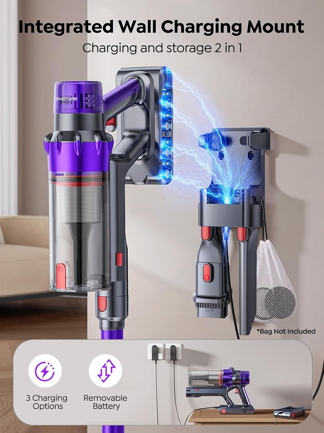 SMOTURE Cordless Vacuum Cleaner, 650W 55KPA 70Mins Vacuum Cleaners for Home, Cordless Stick Vacuum with Pet Brush, LED Touch Screen, Flexible Hose, Wireless Handheld Vacuum for Pet Hair/Carpet/Floor