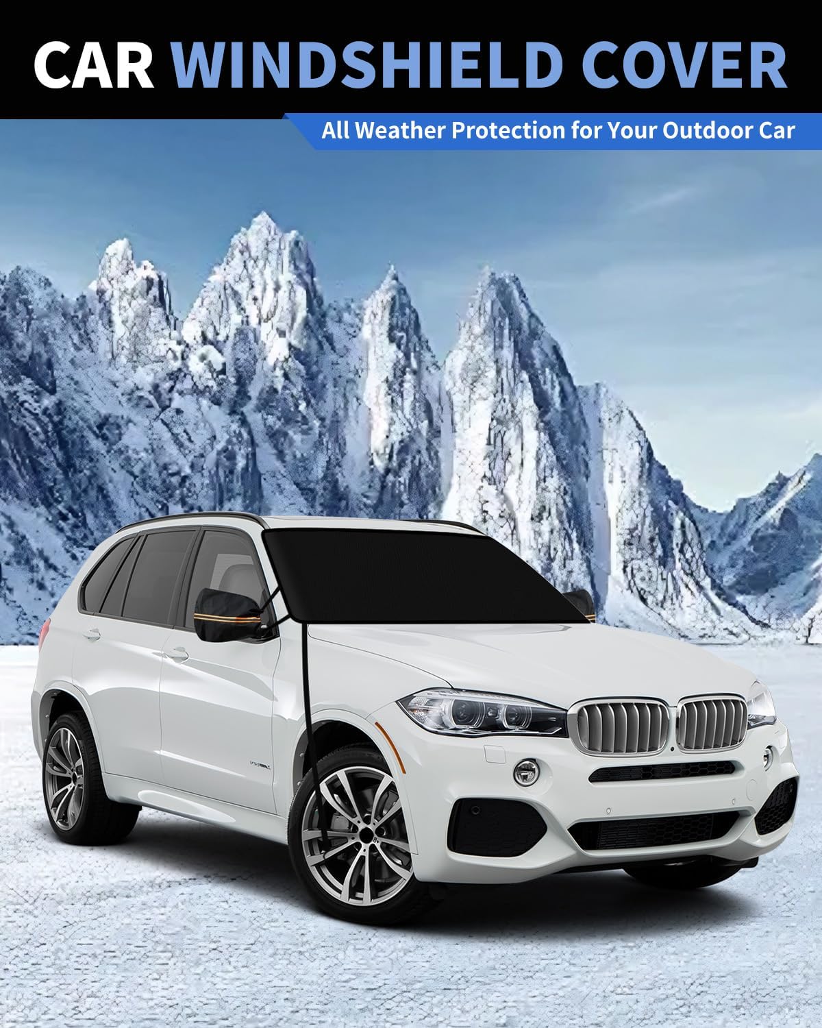 METOWARE 600D Windshield Cover - Heavy Duty All-Weather Sun Shade & Snow Frost Guard, UV Protector, Waterproof Windshield Protector with Mirror Covers for Cars, Sedans, Compact SUVs (69"x42")