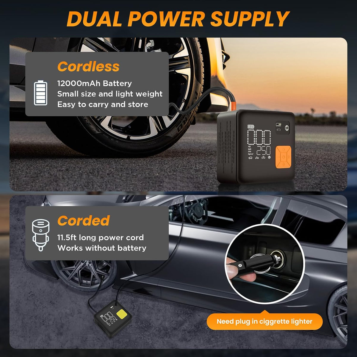 Portable Tire Inflator, 150PSI Fast & Cordless Air Compressor for Car Tires, Heavy Duty Portable Air Pump with LED Light, Digital Gauge, Auto Shut Off for Bikes, Motorcycles, Inflatables