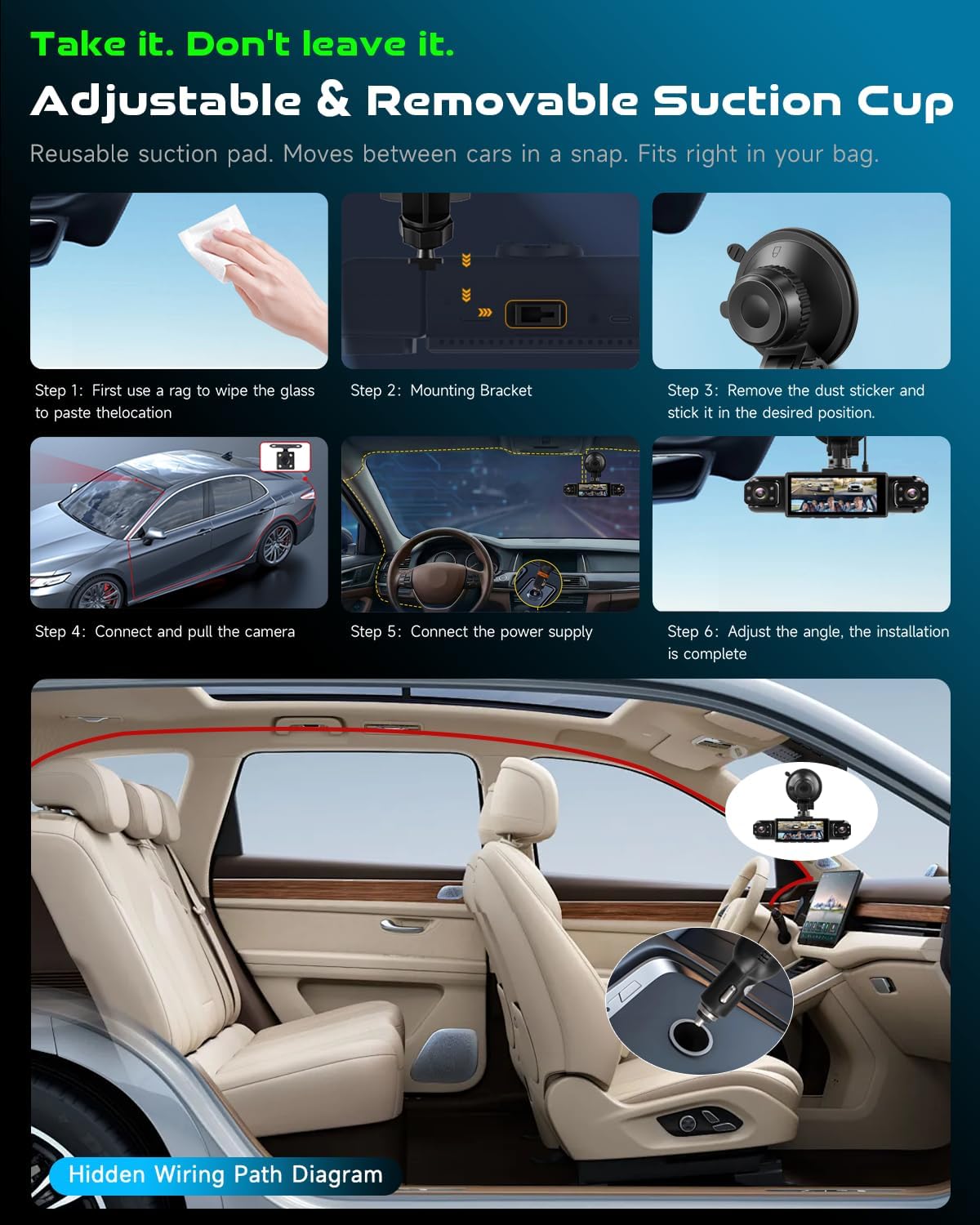 4 Channel 360° Dash Cam Front and Rear Inside, with 64GB Card