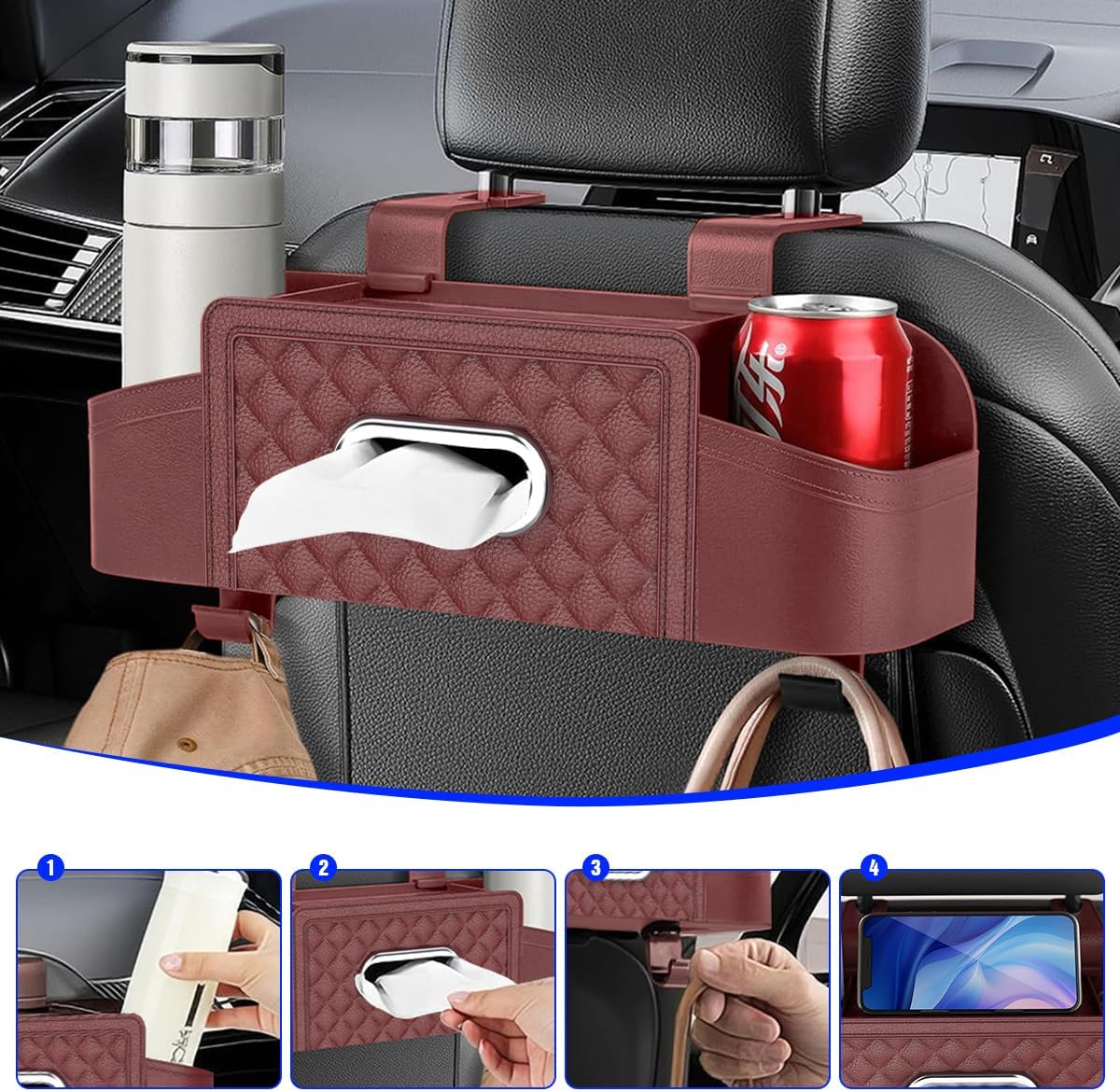 Mandark Headrest-Mounted Backseat Organizer with Cup Holders, Wine Red