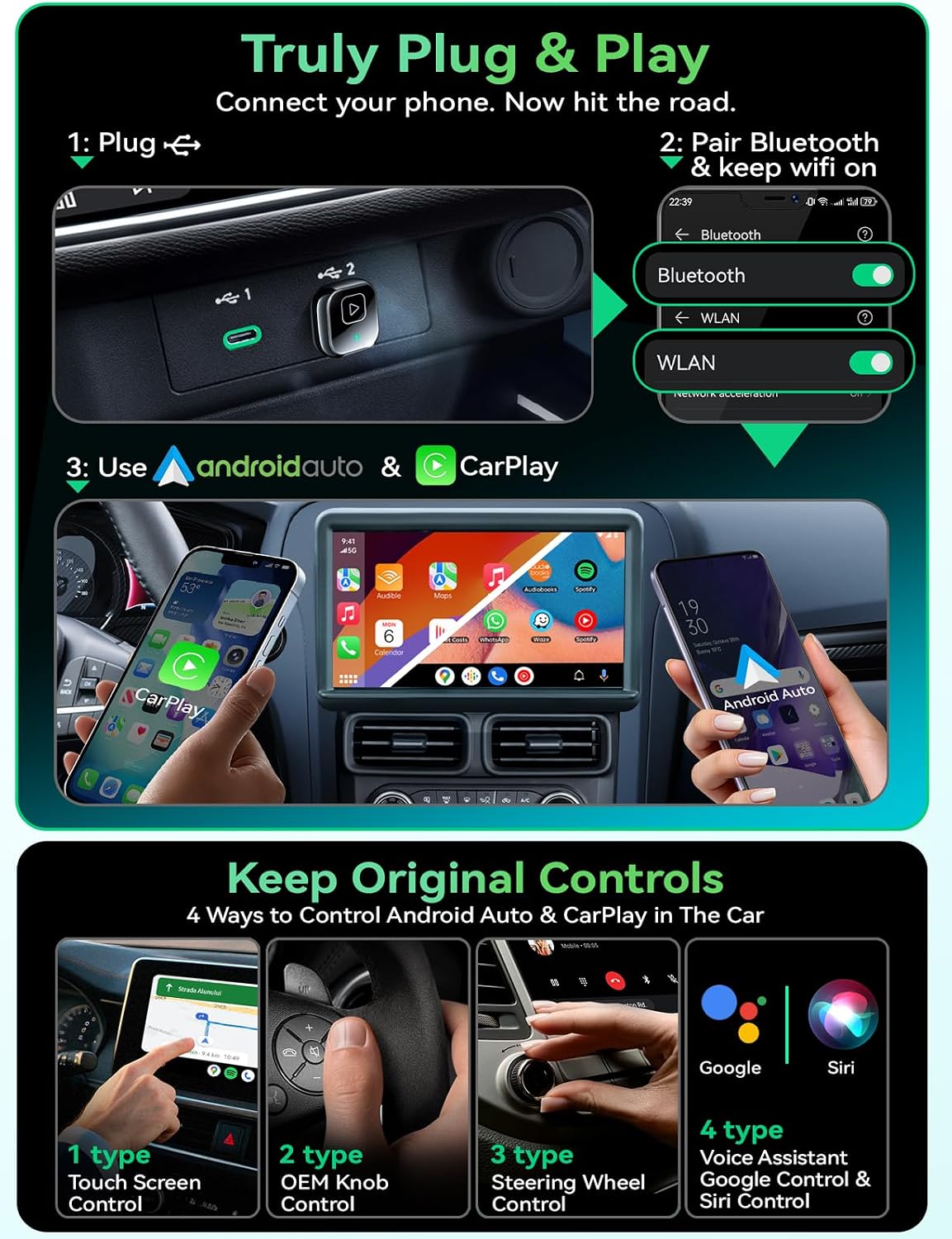 Wireless Carplay & Android Auto Adapter, Metal Design Mini & Stable 2-in-1 Dongle, Convert Vehicle's Wired CarPlay/Android Auto to Wireless, for iOS 10+/Android 11+ & Cars from 2016