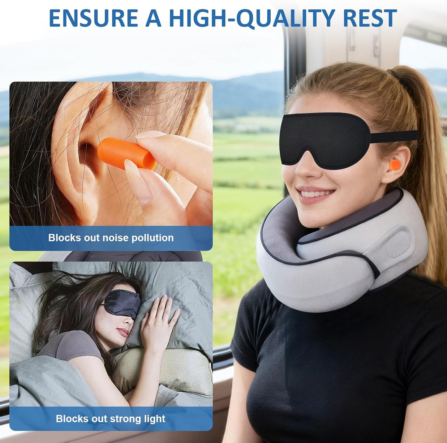 360° Full Support Compact Neck Airplane Pillow for Car, Office | Neck Pain Travel Pillow for Rest; Long Flight Kit with Contoured 3D Eye Mask, Earplugs & Portable Storage Box