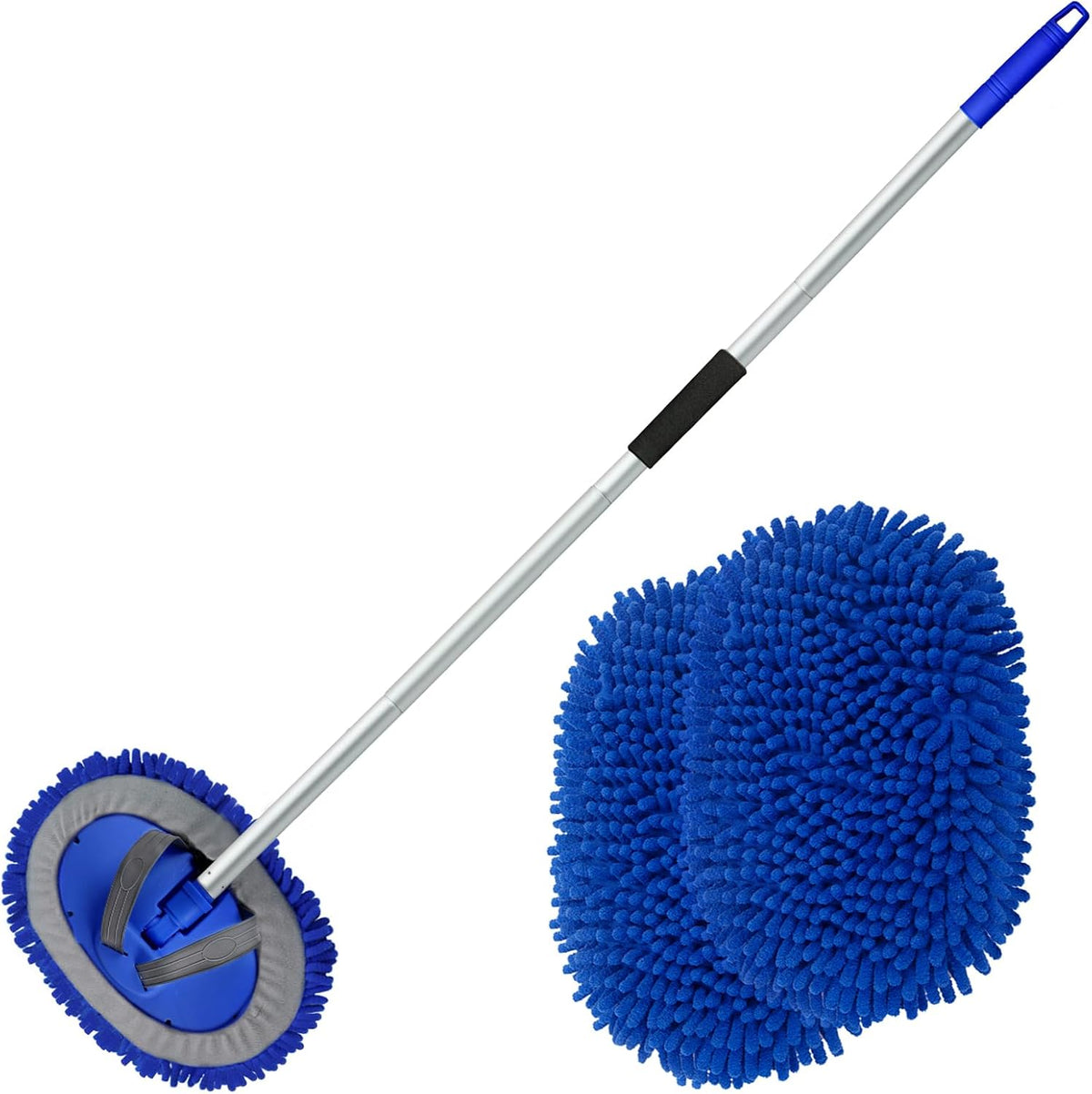 anngrowy 62" Microfiber Car Wash Brush Mop Kit Mitt Sponge with Long Handle Car Cleaning Supplies Kit Duster Washing Car Tools Accessories, 1 Chenille Scratch-Free Replacement Head Aluminum Alloy Pole