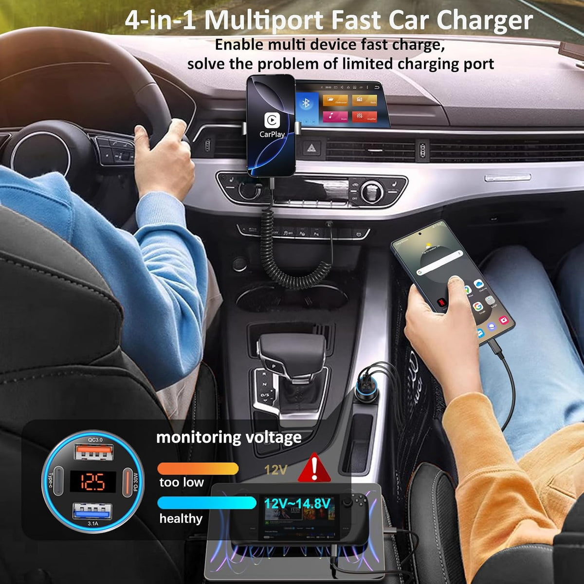 Car Charger USB C, 65W 4-Port Dual 12V USB-C & USB-A Car Phone Charger