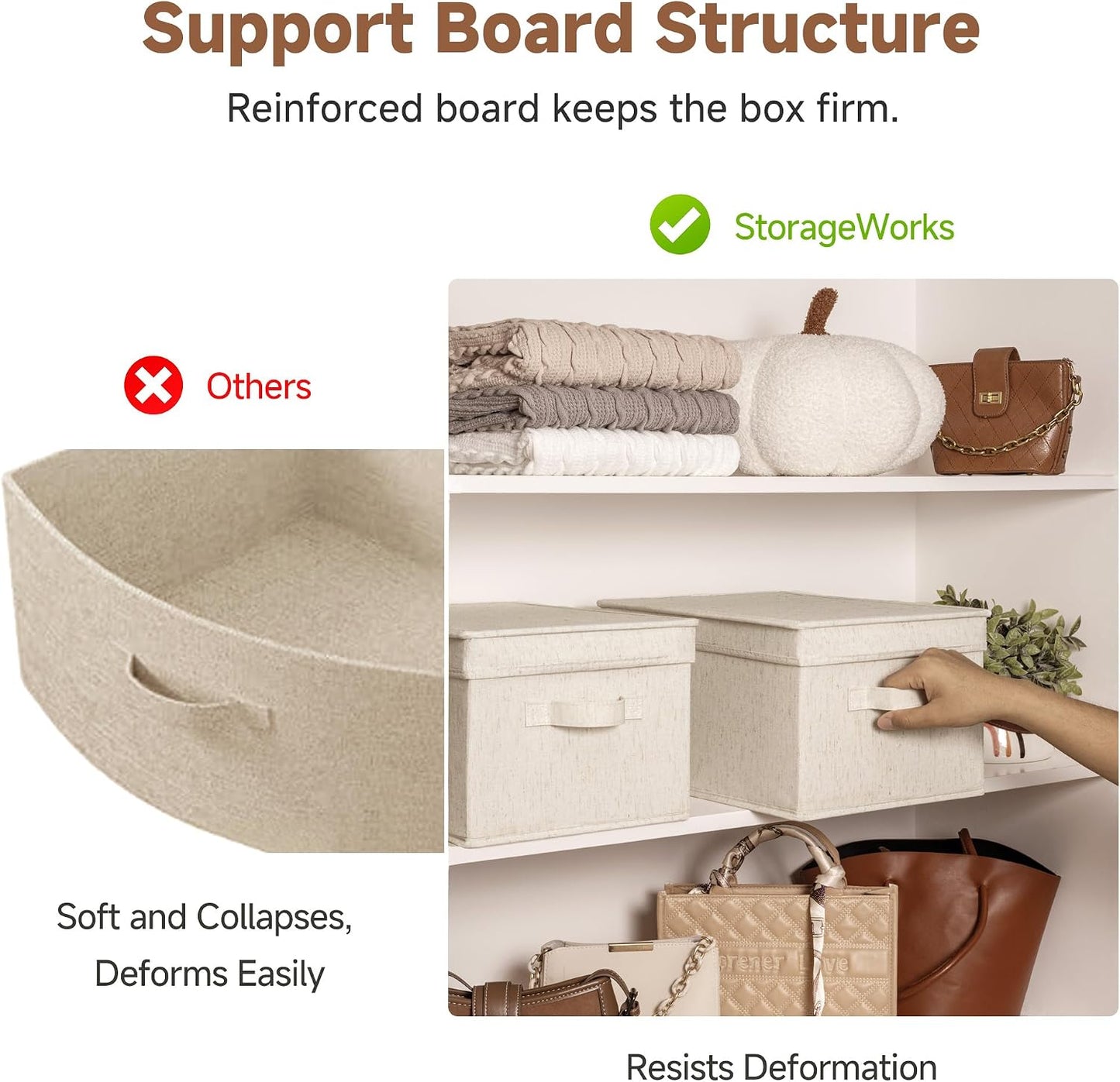 StorageWorks Fabric Storage Bins with Lids, Decorative Storage Bins with Soft Handles, Foldable Storage Baskets for Closet, Shelves, Stackable and Sturdy Organization, Beige, Large, 3-Pack