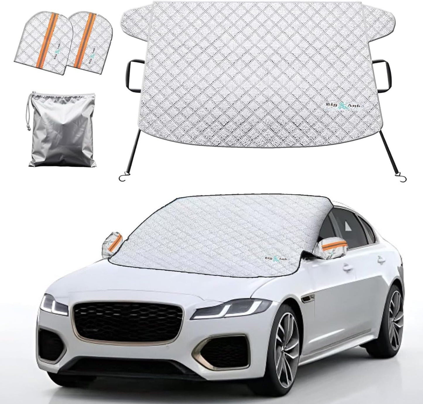 Big Ant Windshield Cover for Ice and Snow Sunshade- Universal Windshield Cover Fit for Car, SUV, Truck, Winter Frost Protector for Ice & Snow, Includes 2 Side Mirror Covers, XL White