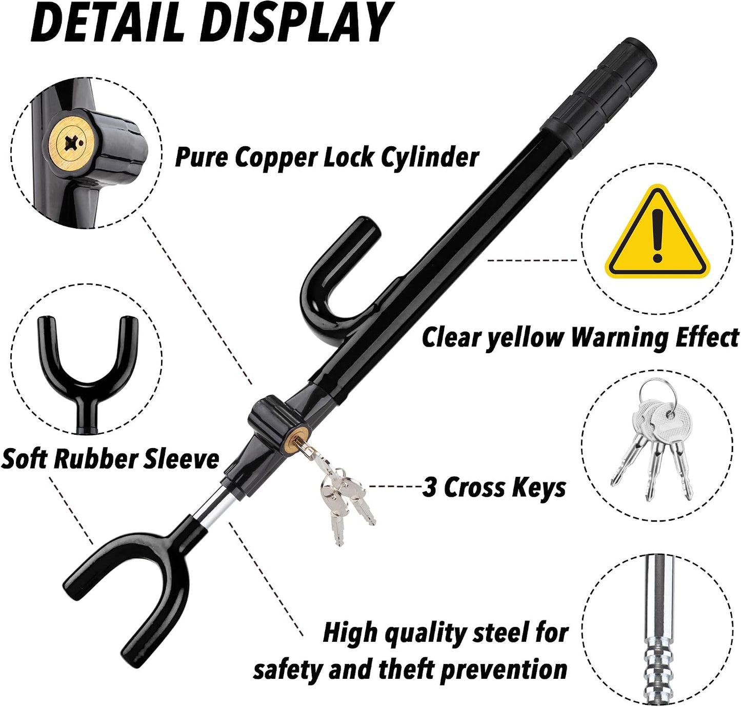 CARTMAN Vehicle Steering Wheel Lock Car Anti Theft Security Lock with Adjustable Length Fit for Cars Trucks Vans and SUVs, Black
