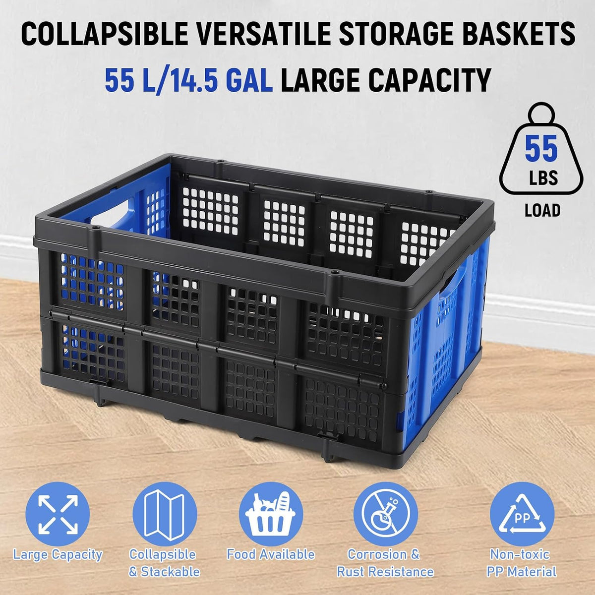 Garvee Heavy Duty Milk Crate Collapsible - 55L Foldable Storage Crate with Handles, Stackable Plastic Crates for Groceries, Moving, Camping & Car Storage (Blue)
