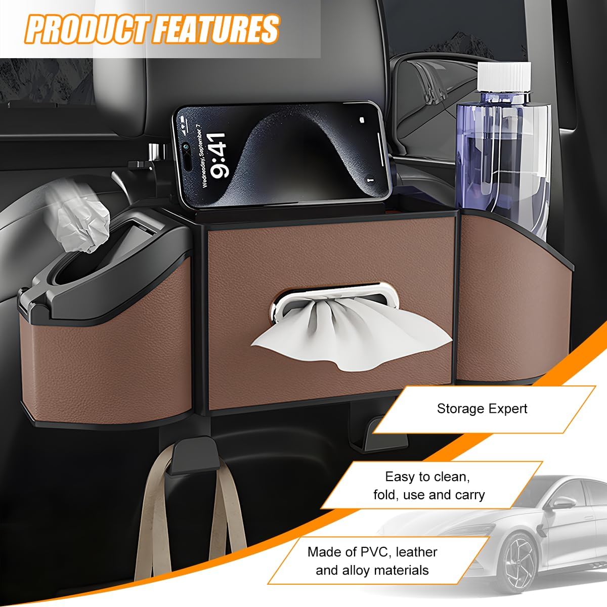 HZEL Car Seat Back Organizer, 7 in 1 Vehicle Backseat Storage Box with Cup Holder Tissue Box Trash Bin & Hooks, Multifunctional Auto Interior Headrest Organizer, Universal for SUV RV Truck (Brown)