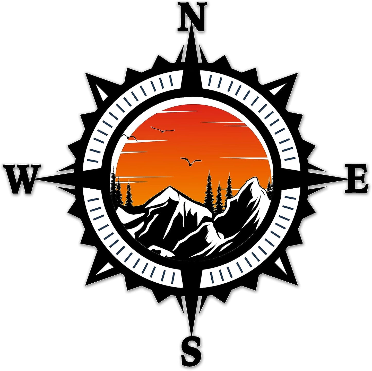 Compass Trees Mountain Sunset Sticker for Car Vinyl Decal Truck Window Bumper Motorcycle Stickers (12" x 12")