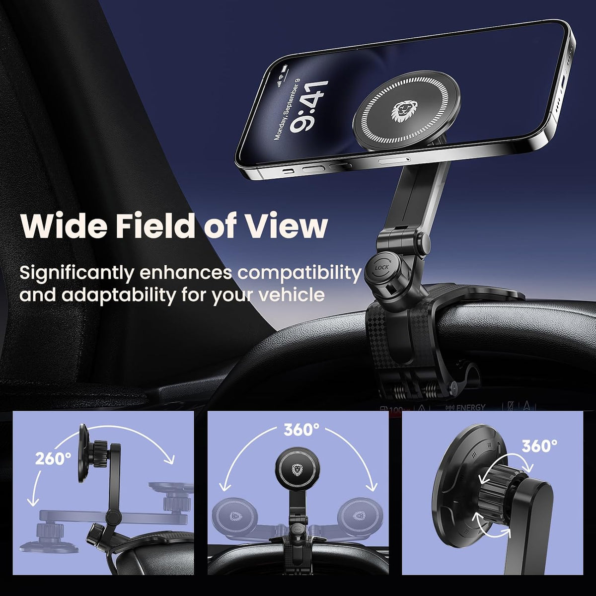 JunDa Universal 360-Degree Rotating Car Phone Holder, Multifunctional Dashboard Phone Mount with Clip for All Smartphones, Secure Flexible Grip for Car Dash & Rearview Mirror