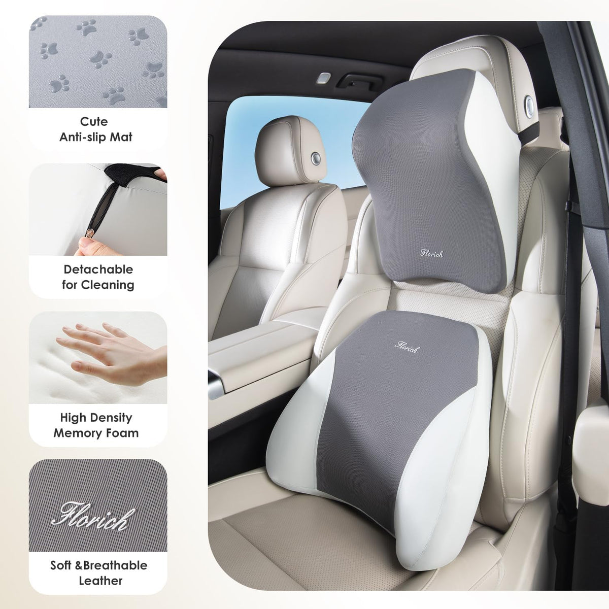 FLORICH Lumbar Support and Car Neck Pillow, Back Support and Headrest Pillow for Car Seat Driver, Memory Foam Back Neck Support Pillow and Car Seat Lumbar Support for Car Office Chair - Gray