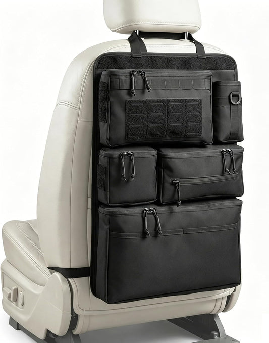 One-Piece Universal Car Seat Back Organizer with Tissue & Water Bottle Bag | Tactical Molle Car Backseat Organizer, Multi Separate Storage Compartments,for Car Truck Pickups SUVs