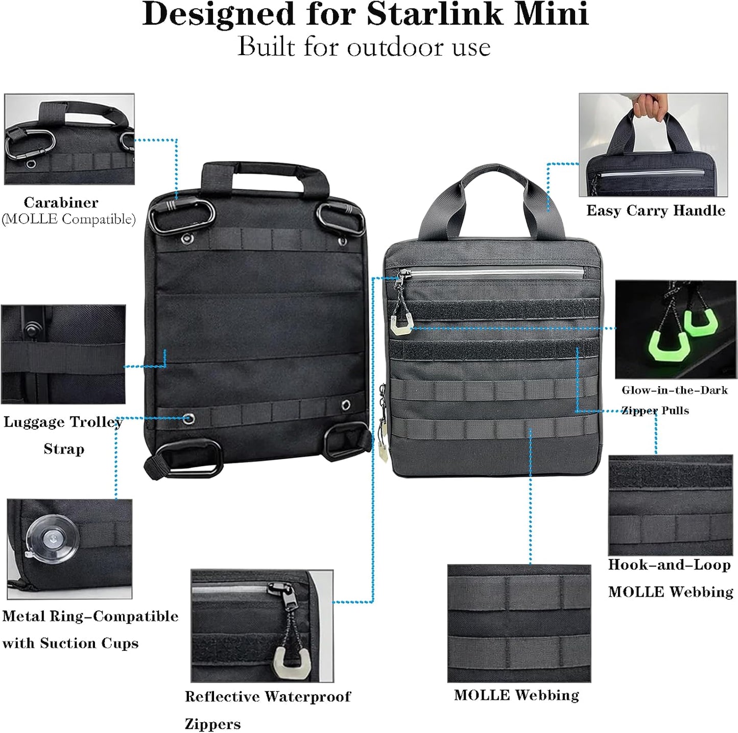 Waterproof Protective Case for Starlink Mini with MOLLE Panels, Carabiner Corners, Padded Handle, Black
