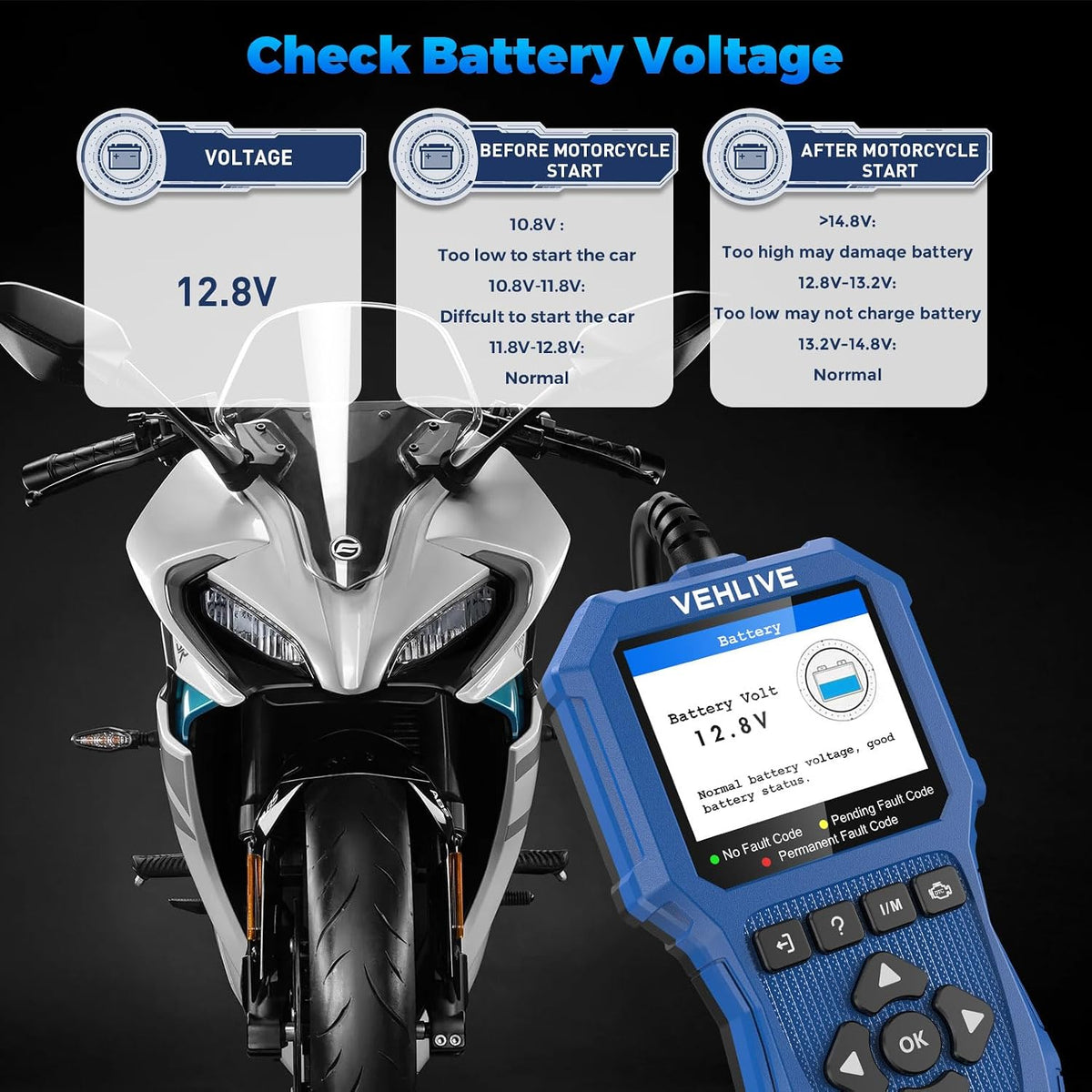 Motorcycle System Diagnostic Measurement Tool, Moto OBD2 Scanner with Voltage Test, Motorcycle Fault Code Reader with Quick Test Compatible for Yamaha, Honda, Kawasaki, Generation, KYMCO, SYM