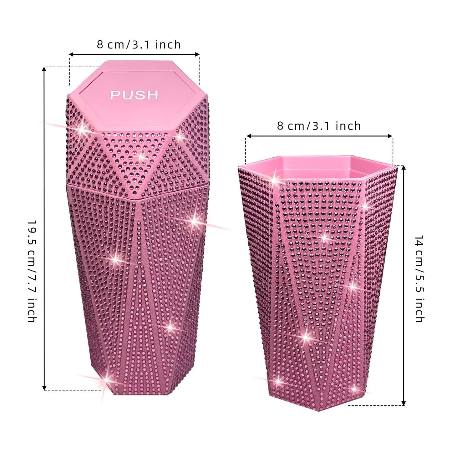 NBTEPEM Bling Car Trash Can with Lid, Bling Car Accessories Trash Bin, Leakproof Auto Garbage Can with 30 Trash Bags, Multipurpose Organizers and Storage for Home, Office (Pink Diamond)