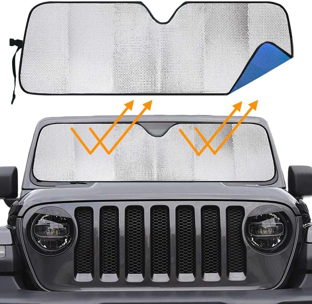 Big Hippo Windshield Sun Shade Car Sun Shade for 2007-2024 Wrangler Rubicon Sahara TJ JK JKU 2 & 4 Door-Sun Visor Protector Blocks UV Rays Windshield Sunshade, Blue