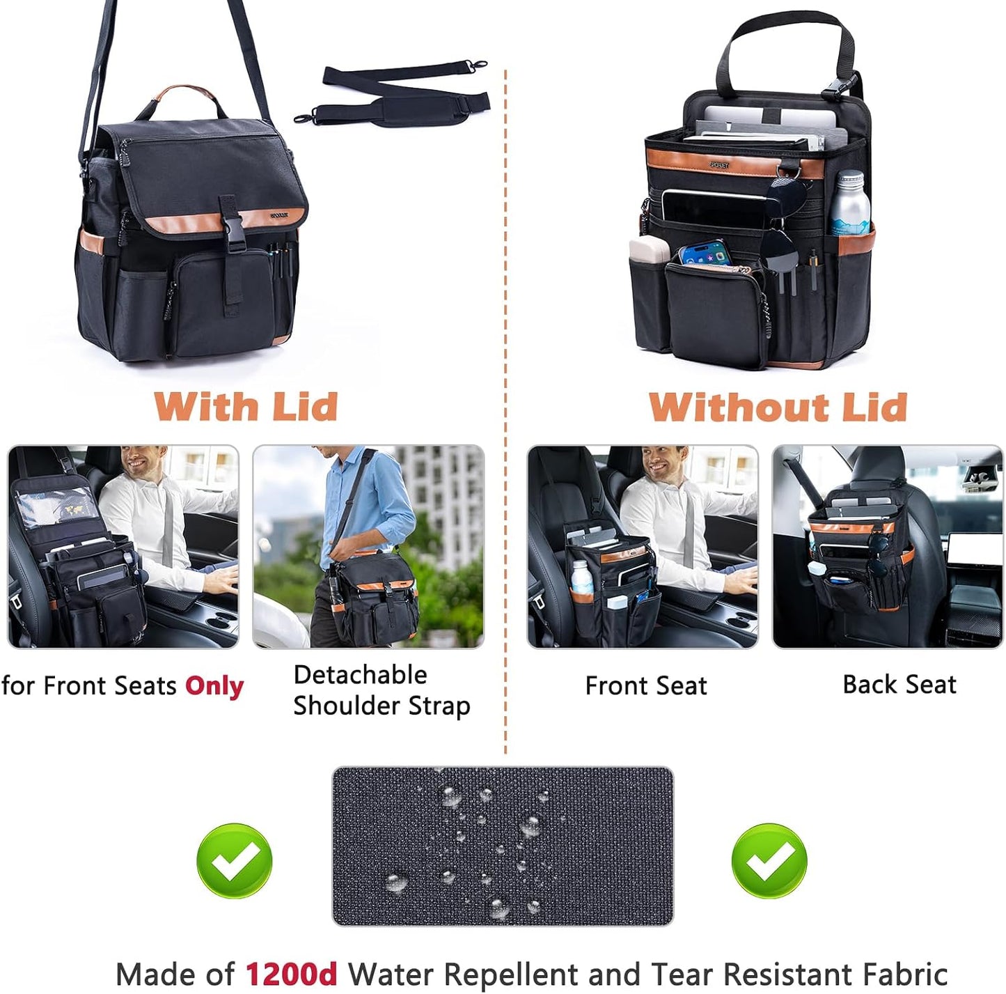 Car Seat Organizer with Laptop Compartment (Fits 15.6"), Front & Backseat Passenger Organizer with Adjustable Strap, Multiple Pockets, Portable Office Bag, Water-Resistant 1200D Polyester