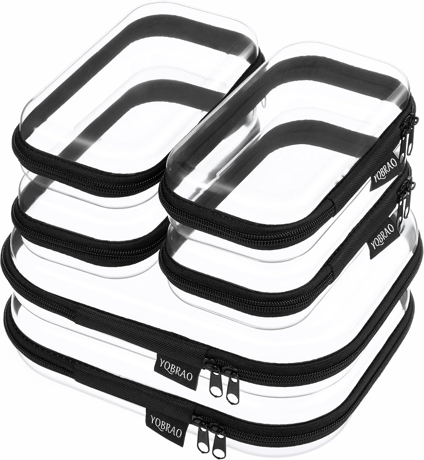 6 Pack Black Clear Hard Shell Beauty Organizer (2M+4S), 1.2mm Heavy Duty Crush-Proof Cosmetic Case, Reinforced YKK Zippers, Stadium Approved Security Bag for Skincare & Electronics, Multi-Size Set