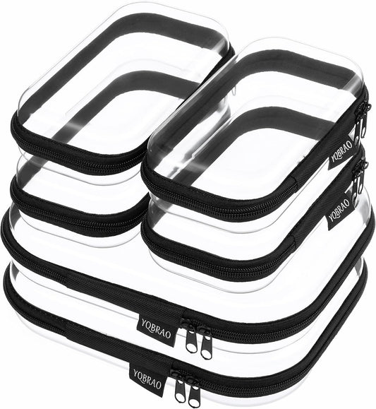 6 Pack Black Clear Hard Shell Beauty Organizer (2M+4S), 1.2mm Heavy Duty Crush-Proof Cosmetic Case, Reinforced YKK Zippers, Stadium Approved Security Bag for Skincare & Electronics, Multi-Size Set