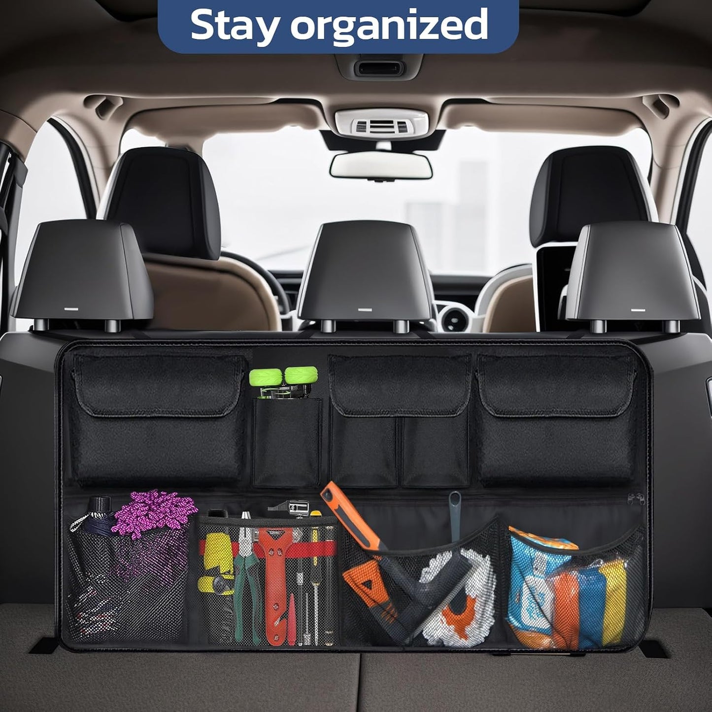Car Trunk Organizer with Lid, SUV/Truck Compatible, Large Capacity, 6 Pockets &amp; 3 Mesh Pouches